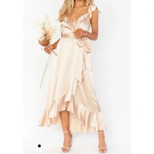Show Me Your MuMu Samantha Ruffle Wrap Dress Champagne Luxe Satin Size Medium